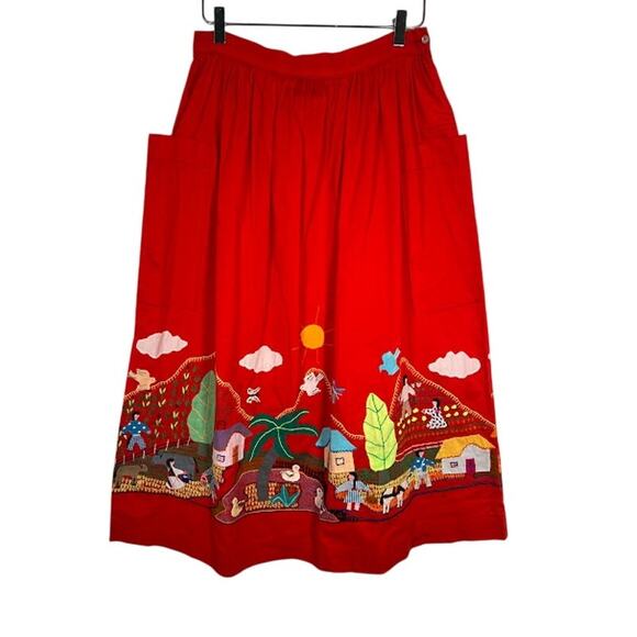 Vintage Frog a la Peche Women's Embroidered A-Line Skirt Red w/ Pockets *Read - Picture 1 of 6